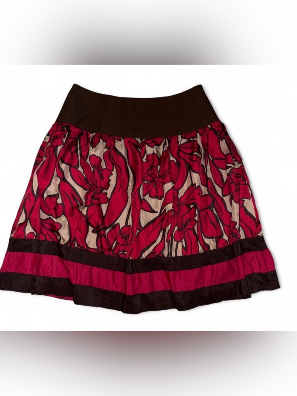 Women's Magenta Floral Print Skirt with Brown Waistband-100% Silk